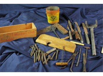 Assortment Of Railroad Nails # 29, 35, 36, 43, 30,-  Old Peanut Butter Can, Old Miscellaneous Hand Tools