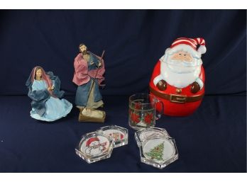 Ceramic Santa Claus Cookie Jar, Mary Joseph And Jesus, Miscellaneous Coasters And Mug