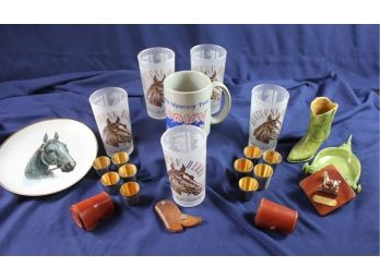 Horse Lot - 5 Glass 1963 Kentucky Derby Glasses, Plate, Two Shot Glasses Set W/ Leather King Case
