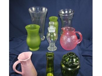 9 Piece Set 2 Pink Pitchers, Green With Lid And Vases