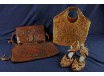 3 Tooled Leather Bags And Pair Of Ladies High Heels
