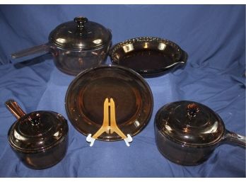 3 Vision Corning Pots With Lids And Two Fire King Anchor Hocking Pie Plates