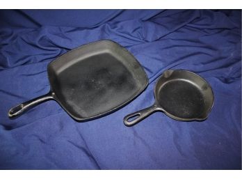 2 Cast Iron Skillets - Square Is 10in, Small Is 6 Inch Diameter