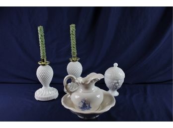 White White - Small Bowl And Pitcher, 2 Hobnail Candle Holders, Avon Lidded Jar