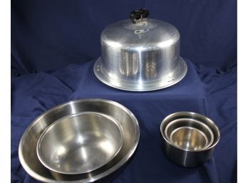 5 Stainless Bowls, Vintage Regal Cake Carrier