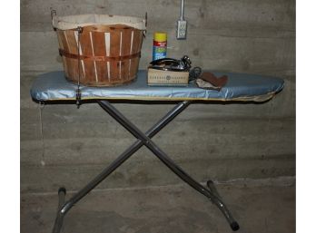 Heavy Ironing Board With Old Wooden Clothes Basket, Old GE Folding Iron - Handle Broken