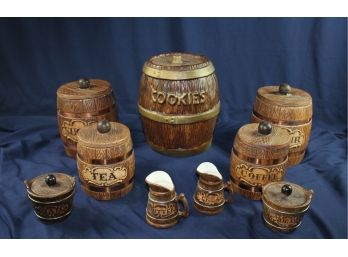 Large Ceramic Whiskey Barrel Lot - Cookie Jar, Canister Set, Sugar, Creamer, Jam, Butter Etc