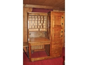 Antique Postal Office Cabinet Lots Of Cubbies With Side Compartment Plus Swivel Typewriter Shelf