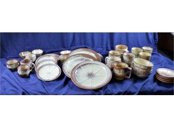 Service For 4 - Frankoma Golden Wagon Wheel - 3 Size Plates, Two Sizes Bowls, 2 Size Mugs, Cups