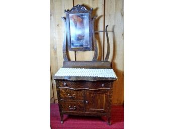 Antique Wash Stand With Mirror - 3 Drawers - 32 In W X19 In D - 30 In Tall - Includes Antique Scarf
