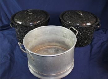 Two Large Pans - 2 Enameled With Lids & One Weighted Bottom Aluminum Canning Pan(pan Only)