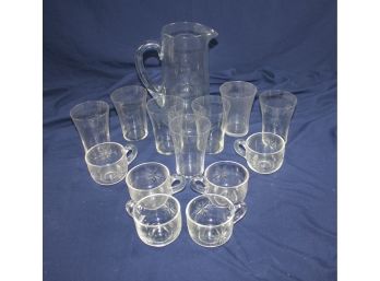 Vintage Etched Glass With Star Pattern, Pitcher, 7 Classes, 6 Punch Cups, 2 Glasses Have Small Chips On Rims