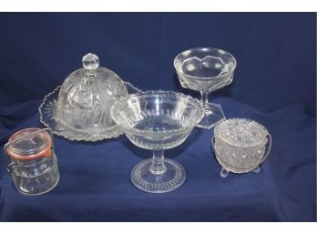 Glass Lot - Cheese Ball With Lid, Pedestal Jelly Dish, Small Bowl With Lid - Has Large Chip, Etc