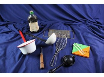 Old Miscellaneous Items - Cast Iron Lemon Juicer, Enameled Ladles, Uhrigs  Liniment, Etc