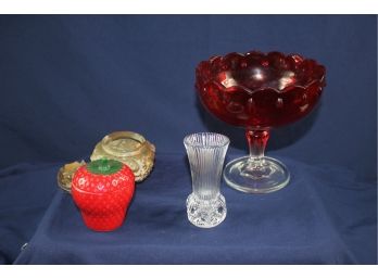 Misc Glass Lot  - Vintage Hazel Atlas Milk Glass Strawberry Small Vase - See Description
