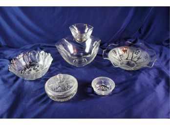 Glass Bowls - A Chip And Dip Bowl, Lidded  Avon Candy Dish, Two Large And One Small Bowl
