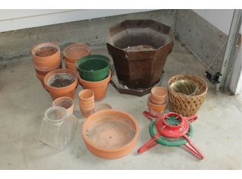 Large Lot Of Flower Pots, Fish Bowl And Christmas Tree Stand