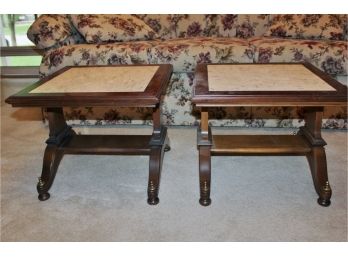 2 Wood And Marble Side Tables 19 1/2 ' Square, 16' Tall