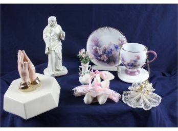 Miscellaneous Pretties - Amazing Grace Hand Musical Box, Jesus Clay Statue, Teleflora Cup And Saucer