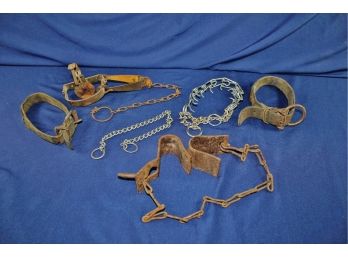 Miscellaneous Lot - Collars, Leather Pouch Holder, Antique Trap