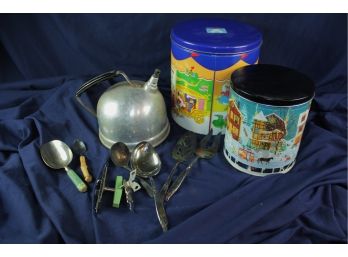 Old Teapot, Miscellaneous Utensils And 2 Metal Cans
