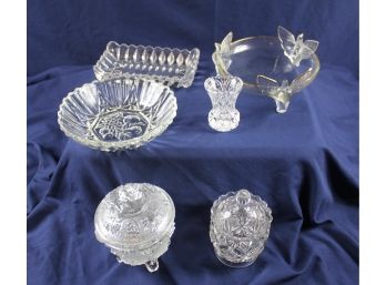 Misc Clear Glass Lot - Jeannette Glass Gold-trimmed Eagle Bowl 7 In, Toothpick Holder, Butter Dish