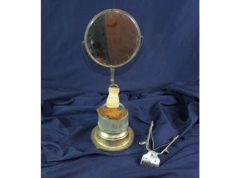 Antique Men's Shaving Mirror With Lather Brush And Clippers