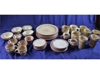 Service For 4 - Frankoma Golden Wagon Wheel - 3 Size Plates, Two Size Bowls, Two Size Mugs, Cups
