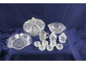 Glass Lot - Candy Bowl With Lid, Two Small Bowls, Salt And Pepper Shakers- One Has Chip