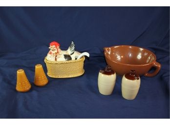 Chicken Gravy Boat Made In Japan, 2 Crock Like Mini Jugs, Salt And Pepper, Crock Type Bowl With Handle