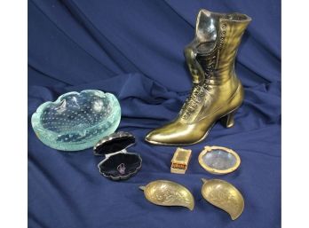 Brass Colored Boot, Brass Leaves, Very Heavy Aqua Bowl Made In Italy, Clamshell With Earrings, Ashtray