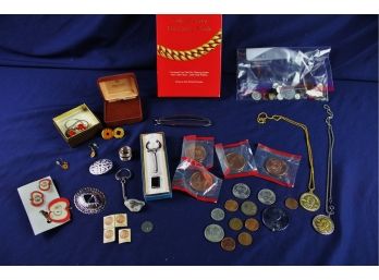 Coins, Sacagawea, 13 Cent Stamps, Kansas 2 Cent Sales Tax Token, Apples, Buttons