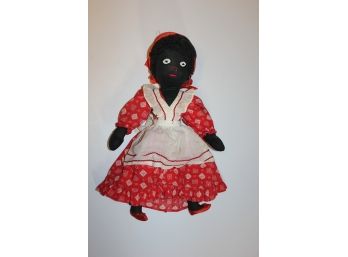 Black Handmade Baby Doll - Embroidered Face - Yarn Hair 18 In Tall