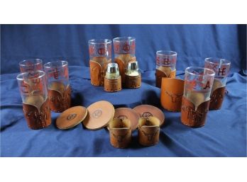 Leather Lot - 8 Libby Bamco Western Ranch Tooled Glasses With Leather Holders- See Description