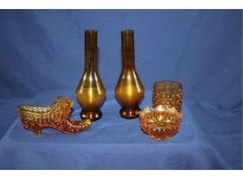 Fenton Amber Cathead Style Hobnail Slipper, 2 Small Hobnail 8 In Tall - Hand Blown Amber Vases