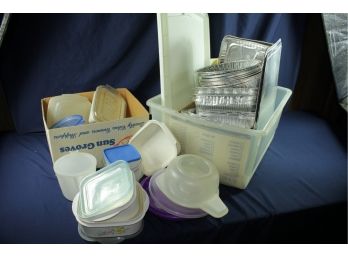 Tote Of Aluminum Pans, Wax Paper, Foil, Miscellaneous Plasticware In Tote