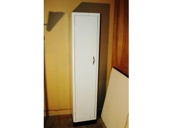 White Metal Cabinet - 1 Door - Good Shape 63 In Tall 14 In Wide 12in Deep