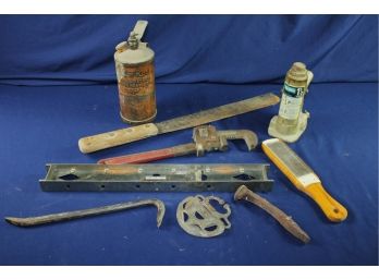 1.5 Ton Jack, Level, Monkey Wrench, Vintage Goldenrod Oiler Can, Railroad Spike, Machete