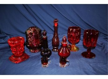 Red Glass Lot, Three Avon, Two Goblets, Insulator Made Into An Ashtray, Candle Holder