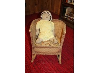 Antique Child's Rocker 18 In Tall With Antique Hand-sewn Doll 20 In Tall