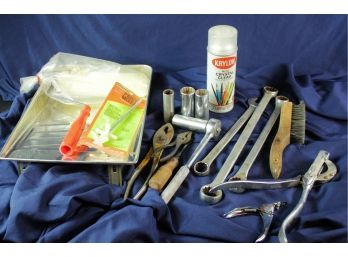 Miscellaneous Tools, Wire Brush, Big Wrenches, Pliers, Sockets, Paint Roller And Pan