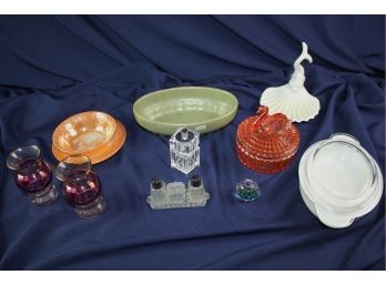 Glass, Fire King Amber Two Piece, Swan Color Dish, Salt And Pepper Set, Corning Dish With Pyrex Lid