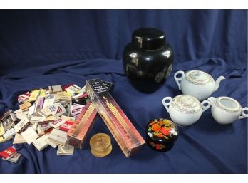 3-piece 1923 Tea Set Made In Japan, Mojo Conjure Black Ceramic Jar With Matches,