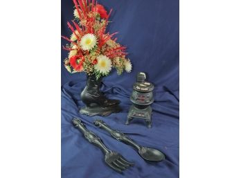 Pot Belly Stove Whiskey Decanter, Ceramic Boot Base, Spoon And Fork Wall Decor
