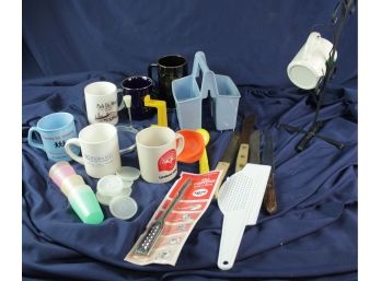 Miscellaneous Cups, Knives Etc. And Small Tupperware Cups With Lids