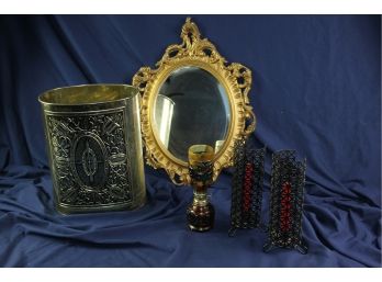Gold Trash Can, Gold Decorative Mirror, Two Black Metal Candlestick Holders