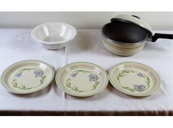 Three Plates, Bowl, Pot With Lid