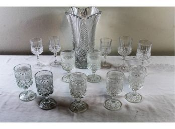 Glass Vase, 12 Glass Stem Cups