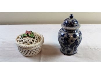 Blue Floral Vase With Lid, White Ceramic Container