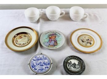 Chokin Plate - 24 Karat Gold Edging, Three White Coffee Cups, Small Plates